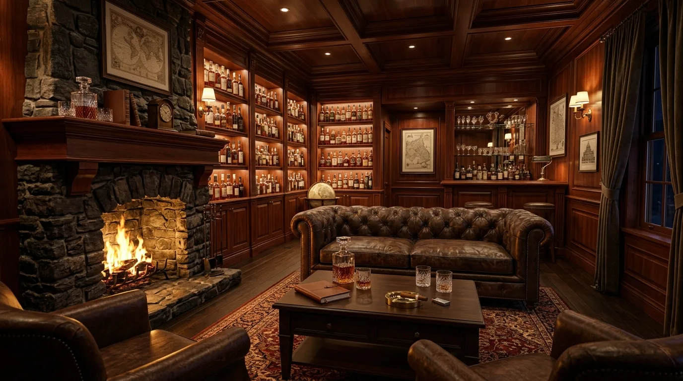 Create a bar or display zone that feels tailored inspiration for a home whiskey lounge.